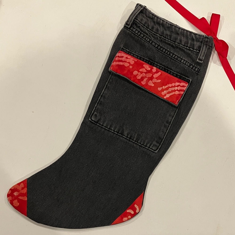 Western Denim Christmas Stocking with a Snap Pocket & Red Details - Picture 2 of 4